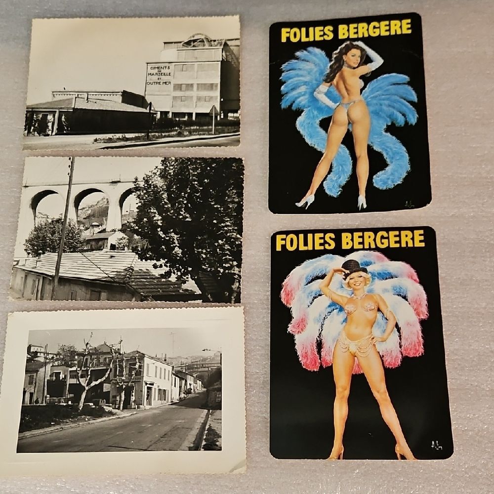 5 Vintage French Postcards - Folies Bergère Showgirls & Marseille France